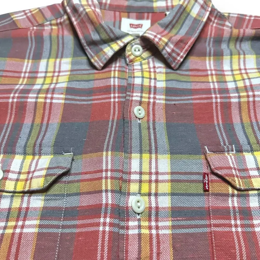 LEVI'S Button Up Shirt Flannel Plaid Check Skateboard Surf Relaxed Red Yellow XL